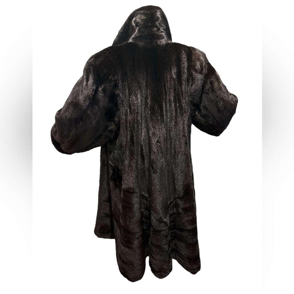80s BLACK MINK OVERSIZED SWING COAT W RAGLAN SLEEVE VERTICAL & HORIZONTAL DESIGN - Picture 7 of 15